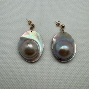 14K YELLOW GOLD WHITE COLOR BLISTER PEARLS DROP DANGLE EARRINGS